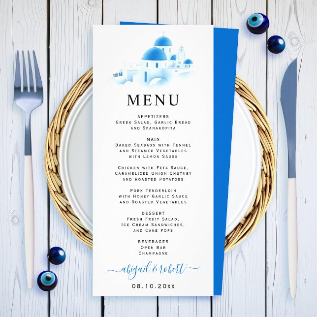 Watercolor Santorini Greece wedding menu card      (Creator Uploaded)