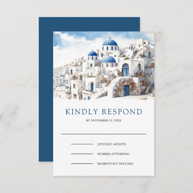 Watercolor Santorini Greece Wedding RSVP Card (Front/Back)