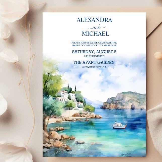 Watercolor Santorini Greek Wedding Invitation (Creator Uploaded)