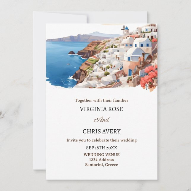 Watercolor santorini wedding invitations (Front)
