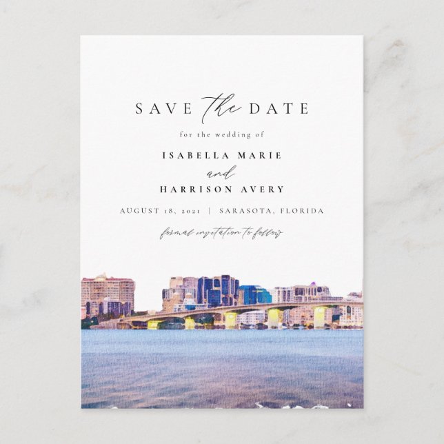 Watercolor Sarasota Florida Skyline Save the Date Postcard (Front)