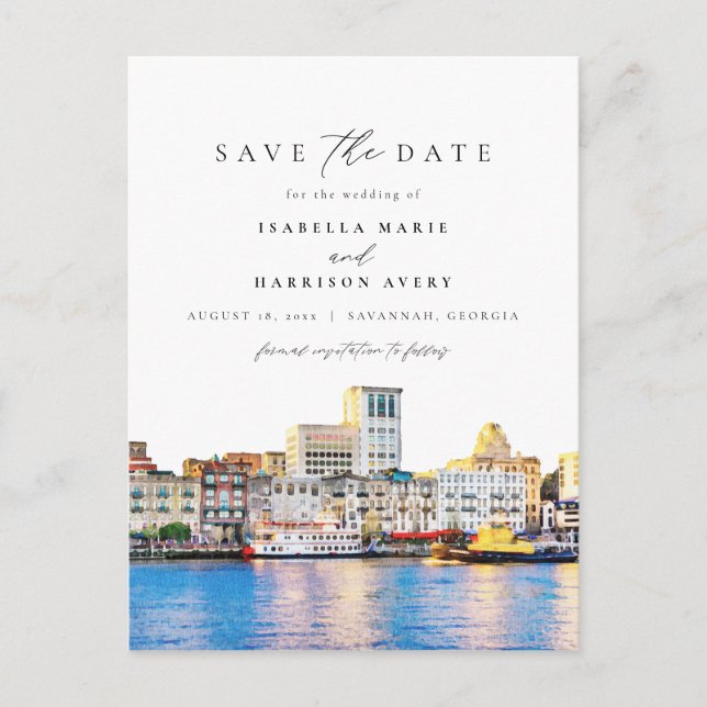 Watercolor Savannah Georgia Skyline Destination Postcard (Front)