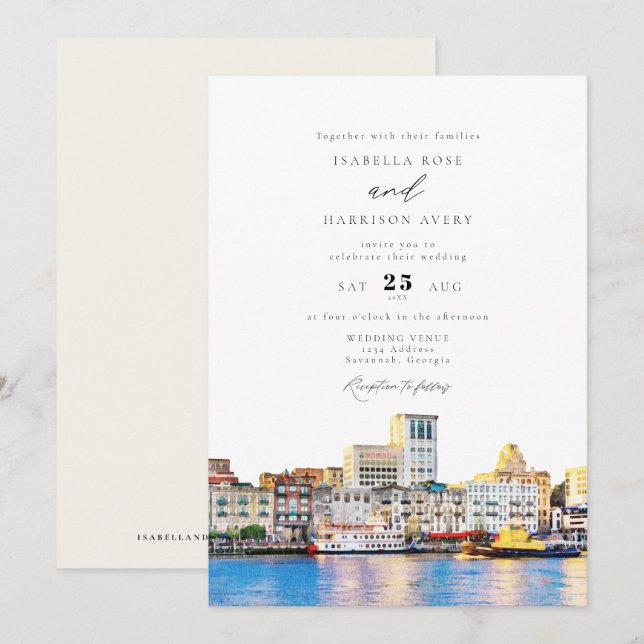 Watercolor Savannah Georgia Skyline Paint Wedding Invitation (Front/Back)