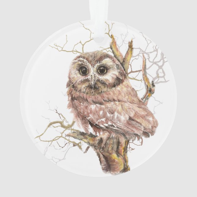 Watercolor Saw Whet Owl Bird Nature Art Ornament (Back)