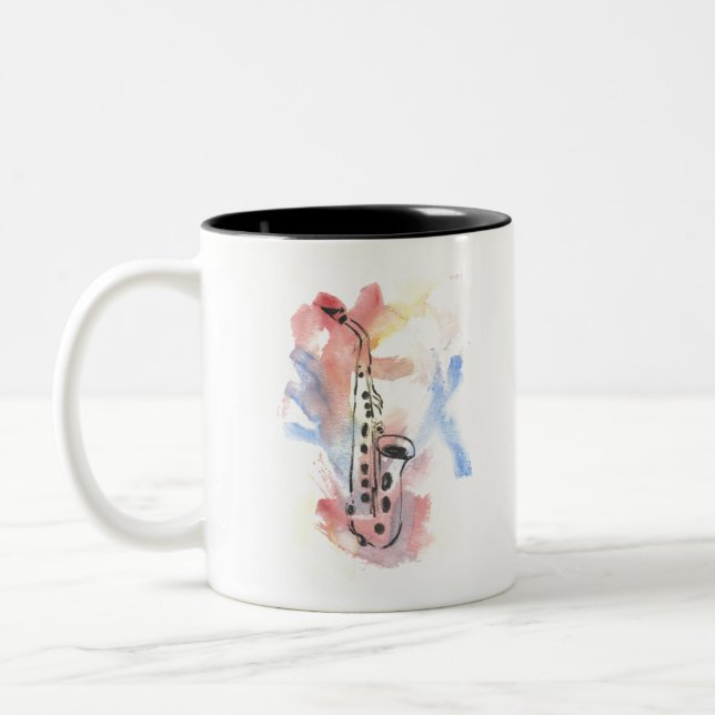 Watercolor saxophone colourful Two-Tone coffee mug (Left)