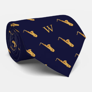 Watercolor Saxophone Jazz Music Monogrammed Blue Tie