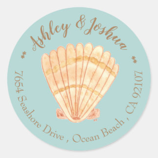 Watercolor Scallop Retro Blue Return Address Classic Round Sticker