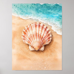 Watercolor Scallop Shell on the Beach Poster