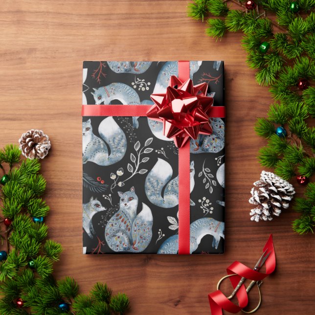 Watercolor Scanidnavian Nordic Fox on Black Wrapping Paper (Holiday Gift)