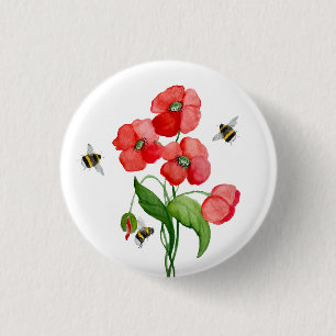 Watercolor scarlet poppy flowers and cute bumblebe 3 cm round badge