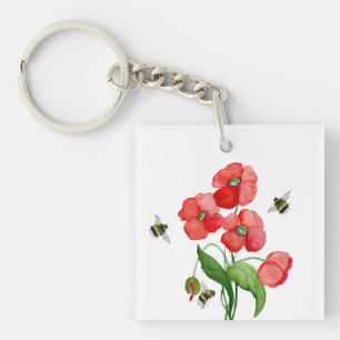 Watercolor scarlet poppy flowers and cute bumblebe key ring