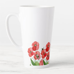 Watercolor scarlet poppy flowers and cute bumblebe latte mug