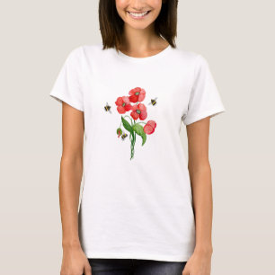 Watercolor scarlet poppy flowers and cute bumblebe T-Shirt