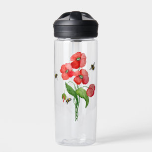 Watercolor scarlet poppy flowers and cute bumblebe water bottle
