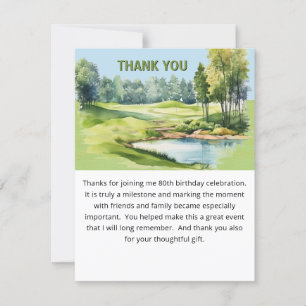 Watercolor Scenic Golf Theme 80th Birthday Flat  Thank You Card
