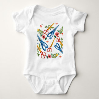 Watercolor Scissors & Wildflowers Seamless Pattern Baby Bodysuit