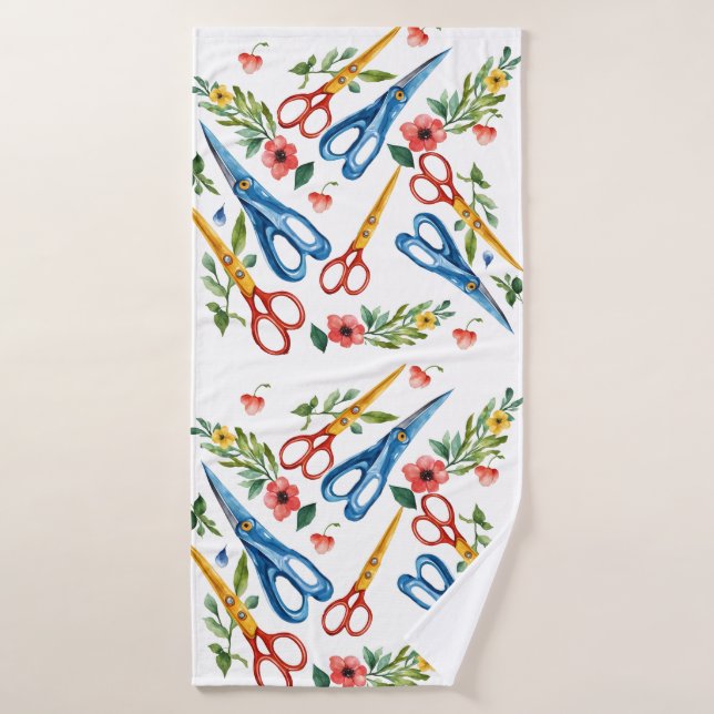 Watercolor Scissors & Wildflowers Seamless Pattern Bath Towel Set (Bath Towel)