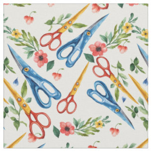 Watercolor Scissors & Wildflowers Seamless Pattern Fabric