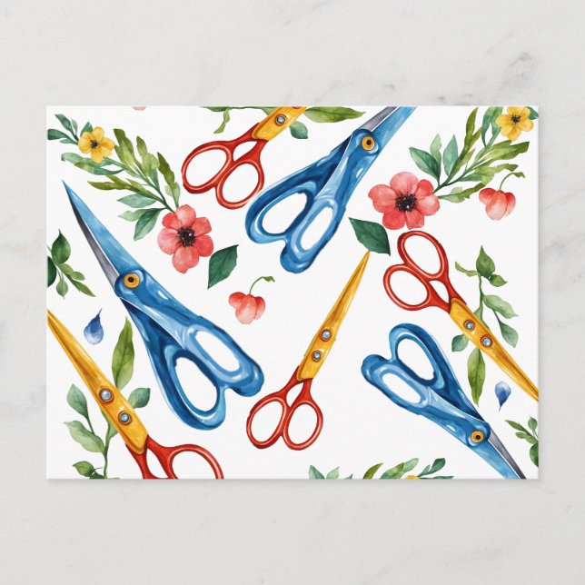 Watercolor Scissors & Wildflowers Seamless Pattern Holiday Postcard (Front)