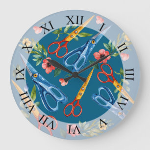 Watercolor Scissors & Wildflowers Seamless Pattern Large Clock