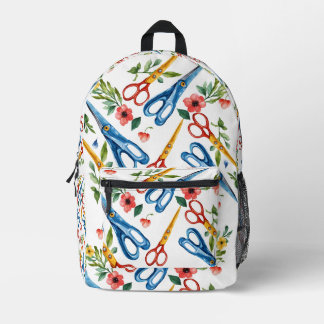 Watercolor Scissors & Wildflowers Seamless Pattern Printed Backpack