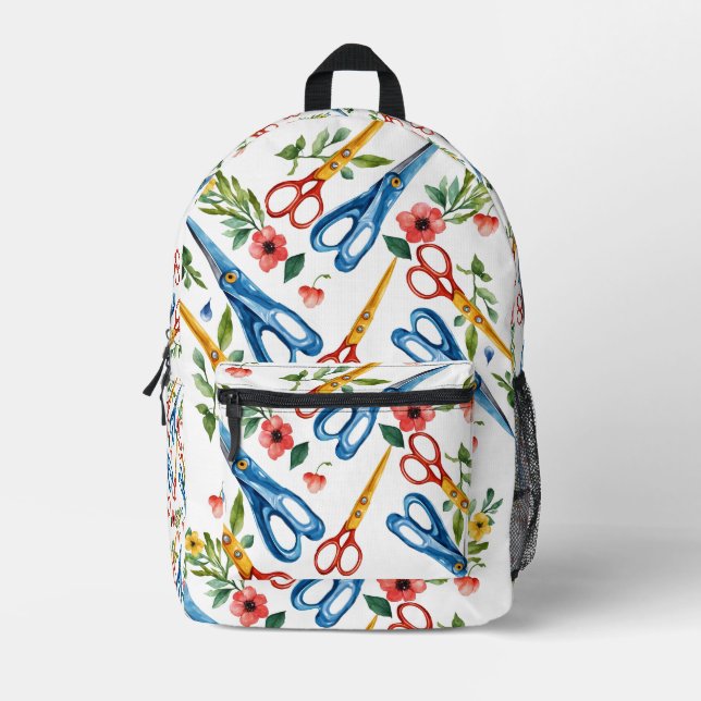 Watercolor Scissors & Wildflowers Seamless Pattern Printed Backpack (Front)