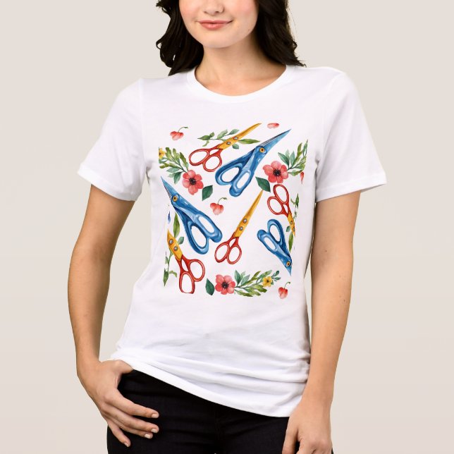 Watercolor Scissors & Wildflowers Seamless Pattern Tri-Blend Shirt (Front)