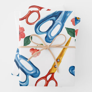 Watercolor Scissors & Wildflowers Seamless Pattern Wrapping Paper Sheet