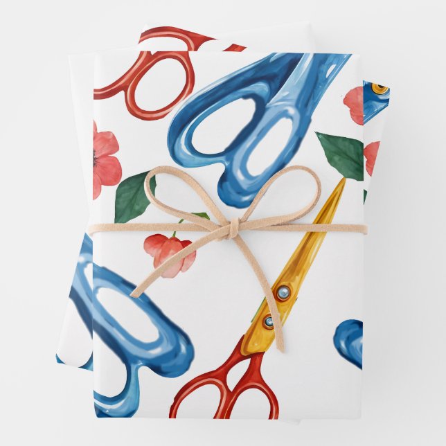 Watercolor Scissors & Wildflowers Seamless Pattern Wrapping Paper Sheet (In situ)