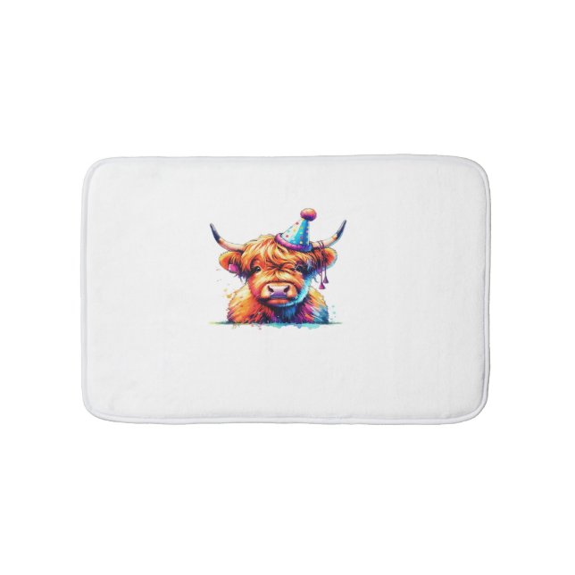 Watercolor Scottish Highland Cow Birthday Essentia Bath Mat (Front)