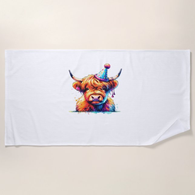 Watercolor Scottish Highland Cow Birthday Essentia Beach Towel (Front)