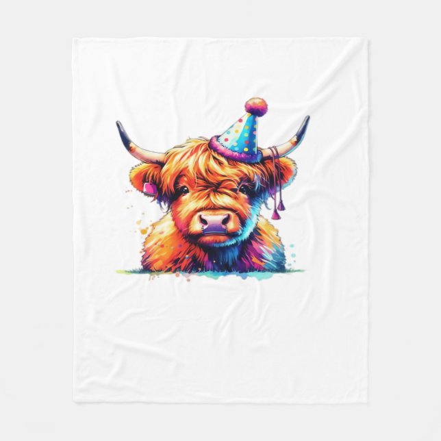 Watercolor Scottish Highland Cow Birthday Essentia Fleece Blanket (Front)