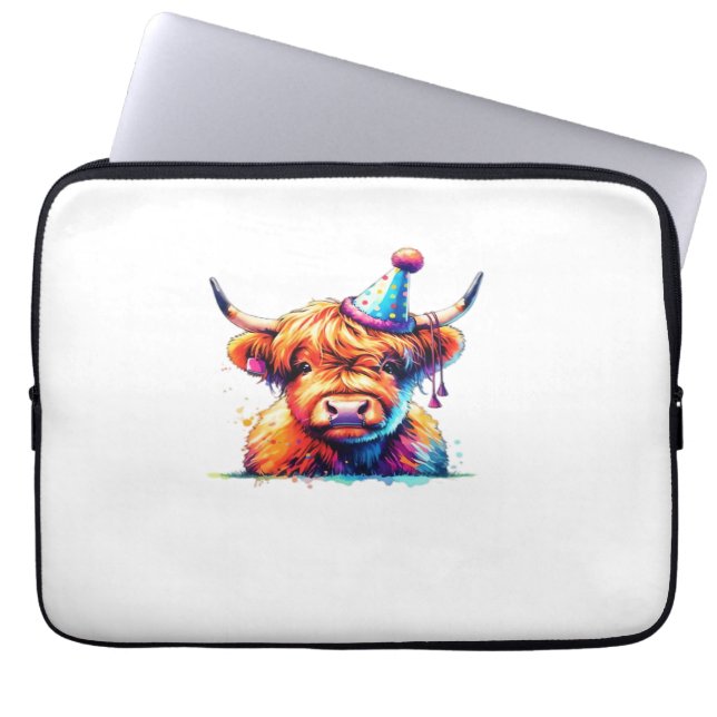 Watercolor Scottish Highland Cow Birthday Essentia Laptop Sleeve (Front)