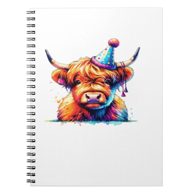 Watercolor Scottish Highland Cow Birthday Essentia Notebook (Front)