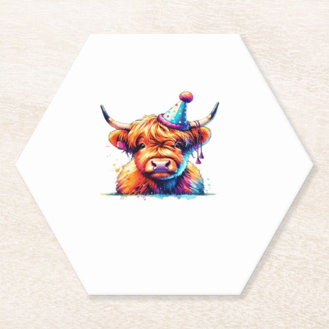 Watercolor Scottish Highland Cow Birthday Essentia Paper Coaster (Front)