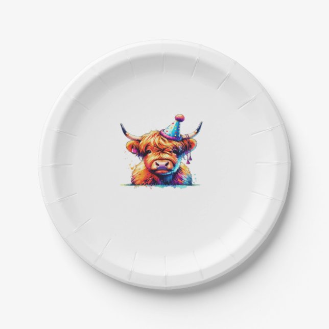 Watercolor Scottish Highland Cow Birthday Essentia Paper Plate (Front)
