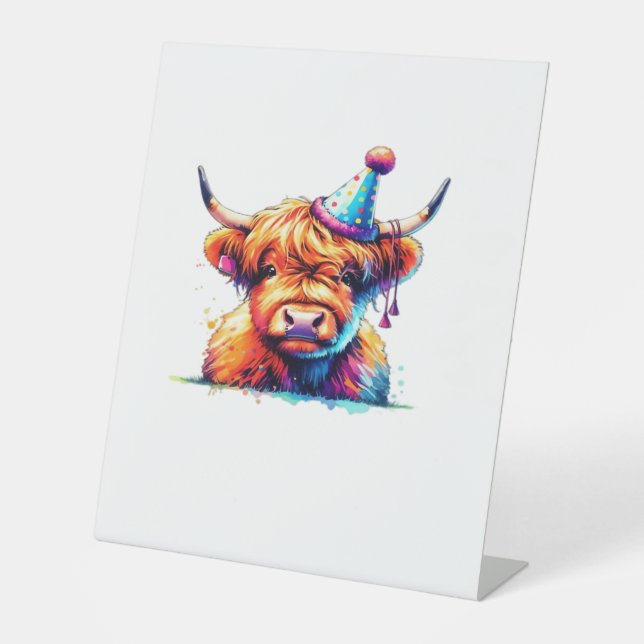 Watercolor Scottish Highland Cow Birthday Essentia Pedestal Sign (Front)