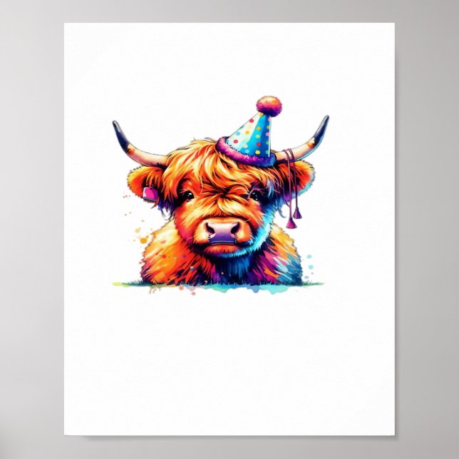 Watercolor Scottish Highland Cow Birthday Essentia Poster (Front)