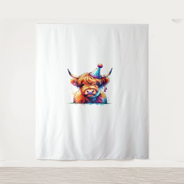 Watercolor Scottish Highland Cow Birthday Essentia Tapestry (Front)