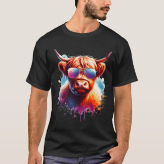 Watercolor Scottish Highland Cow Wearing Sunglasse T-Shirt