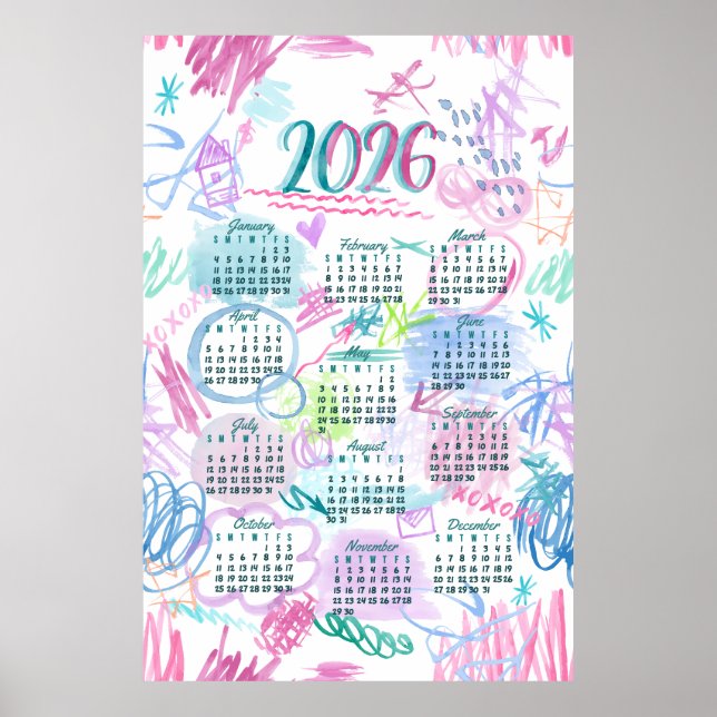 Watercolor scribbles Calendar 2026  Poster (Front)