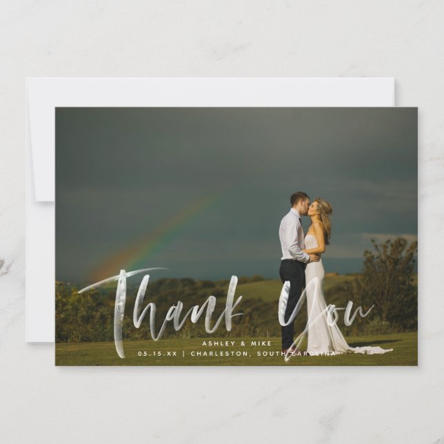 Watercolor Script 2 Photo Wedding Thank You Card (Front)