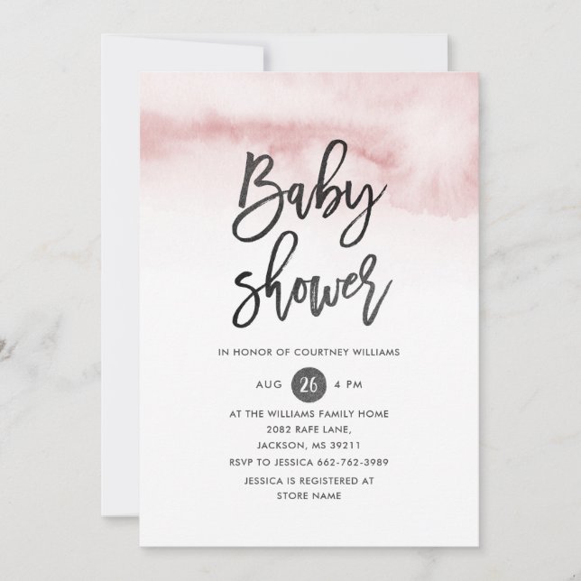 Watercolor Script Baby Shower Invitation in Pink (Front)