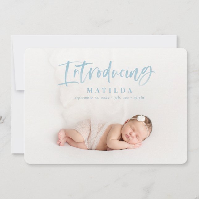 Watercolor script text photo birth announcement (Front)