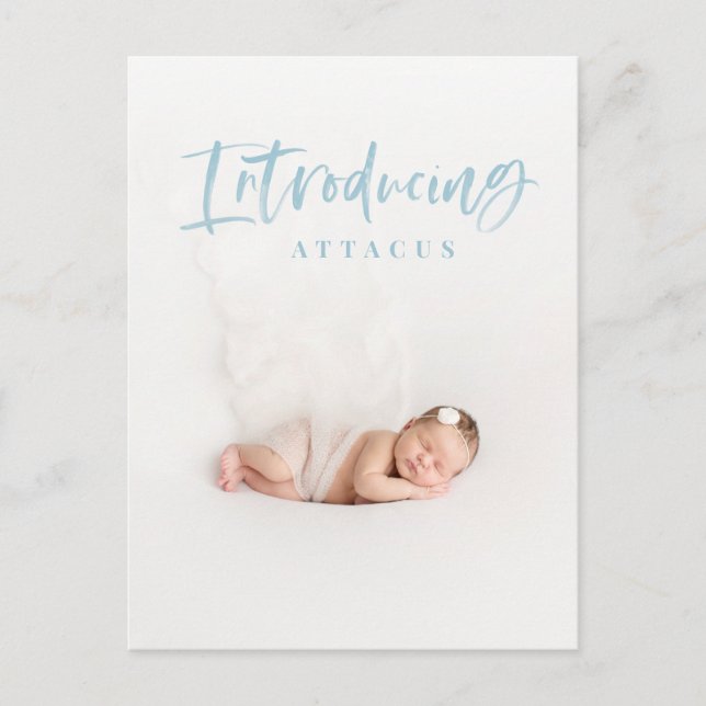 Watercolor script text photo birth announcement postcard (Front)