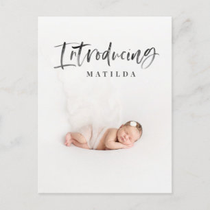 Watercolor script text photo birth announcement postcard