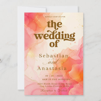Watercolor Script Wedding Invitation Coral Pink 