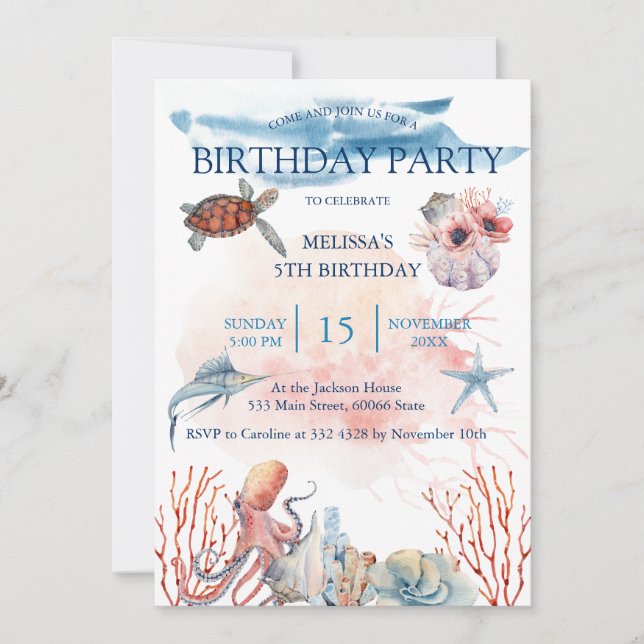 Watercolor Sea Animals Birthday Party Invitation (Front)