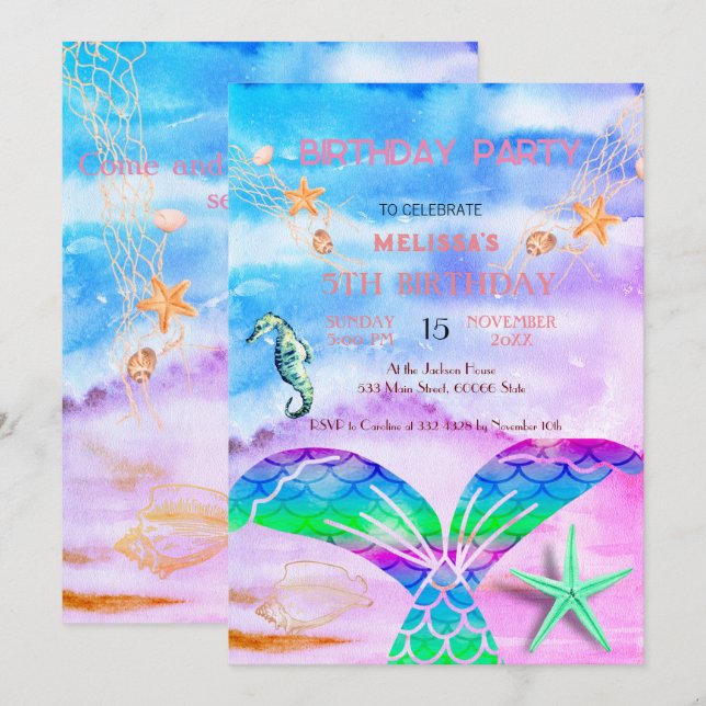 Watercolor Sea Animals Birthday Party Invitation (Front/Back)