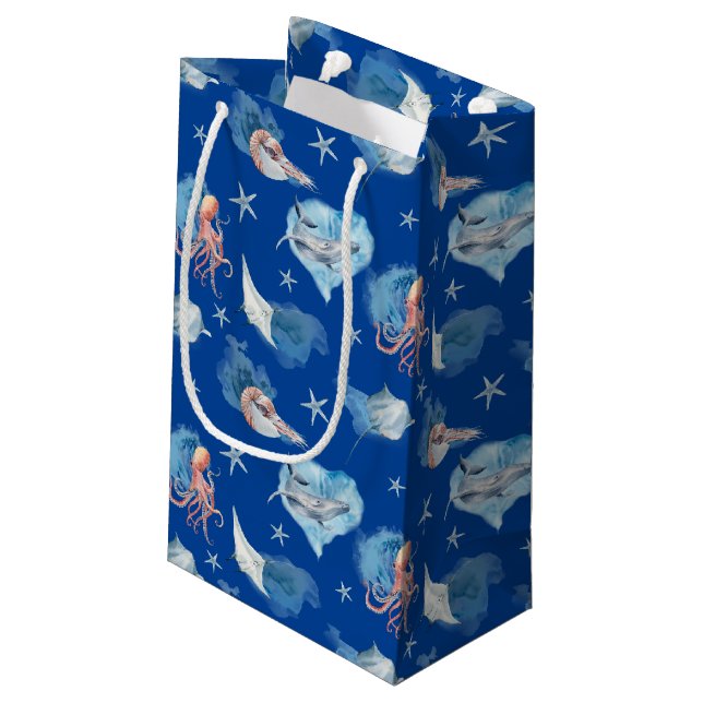 Watercolor Sea Animals Deep Blue Small Gift Bag (Back Angled)